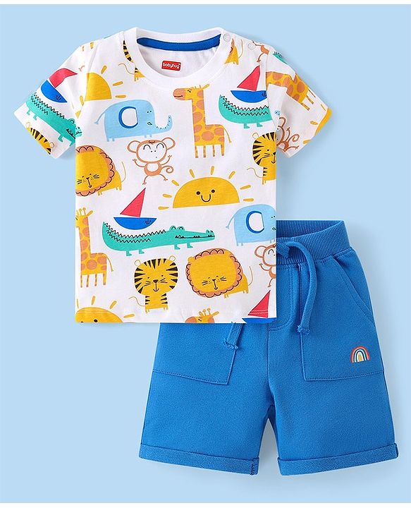 Babyhug Cotton Knit Half Sleeves T-Shirt & Shorts Set With Animals Print - White & Blue