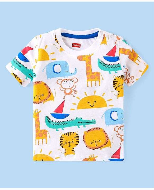 Babyhug Cotton Knit Half Sleeves T-Shirt & Shorts Set With Animals Print - White & Blue