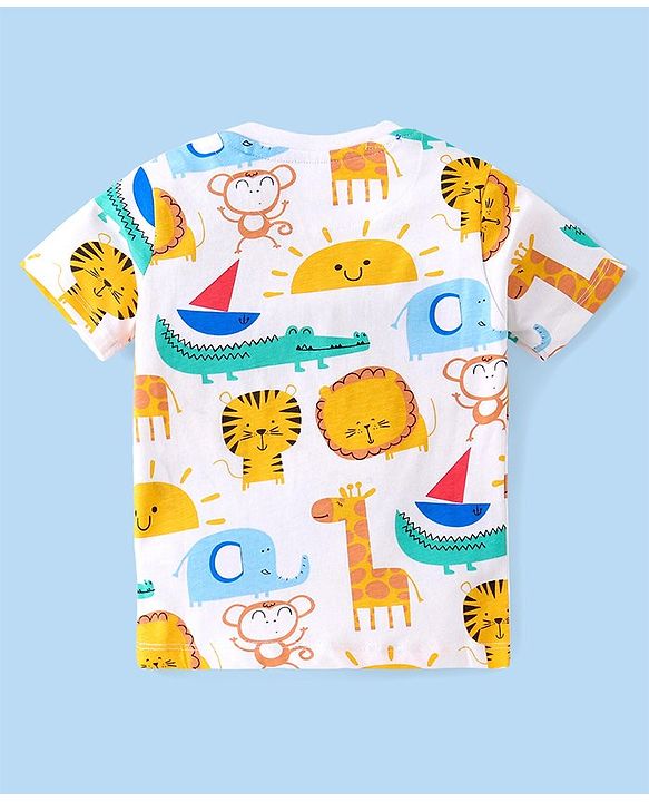 Babyhug Cotton Knit Half Sleeves T-Shirt & Shorts Set With Animals Print - White & Blue