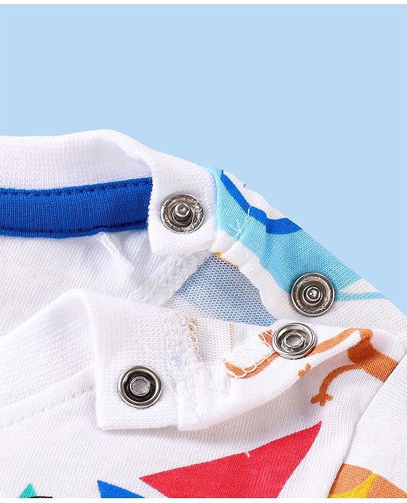 Babyhug Cotton Knit Half Sleeves T-Shirt & Shorts Set With Animals Print - White & Blue