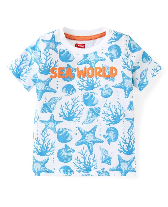 Babyhug Cotton Knit Half Sleeves T-Shirt & Shorts Co-Ord Set With Sea World Print - White & Blue