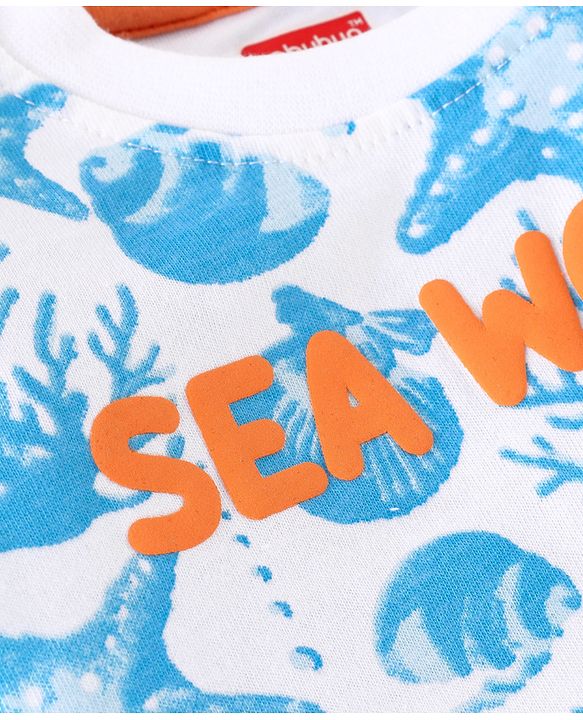 Babyhug Cotton Knit Half Sleeves T-Shirt & Shorts Co-Ord Set With Sea World Print - White & Blue