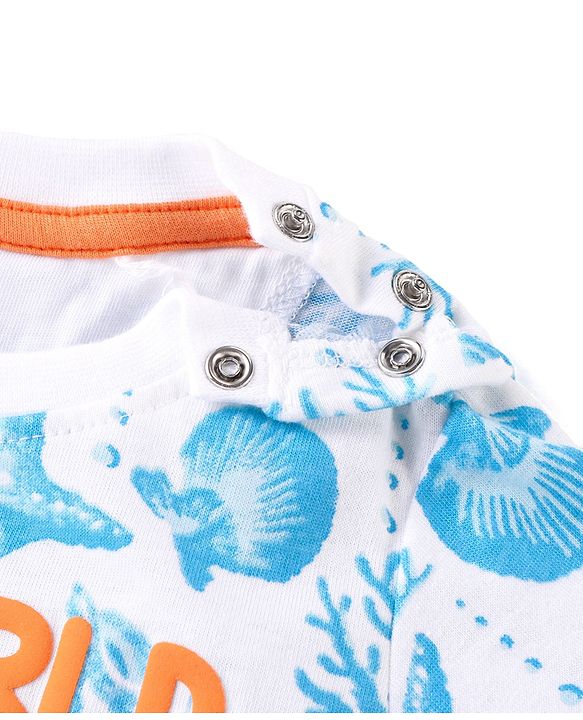 Babyhug Cotton Knit Half Sleeves T-Shirt & Shorts Co-Ord Set With Sea World Print - White & Blue