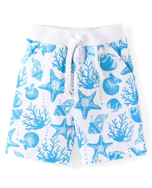 Babyhug Cotton Knit Half Sleeves T-Shirt & Shorts Co-Ord Set With Sea World Print - White & Blue
