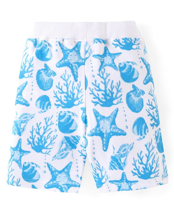 Babyhug Cotton Knit Half Sleeves T-Shirt & Shorts Co-Ord Set With Sea World Print - White & Blue