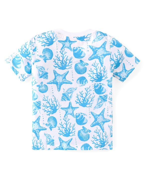 Babyhug Cotton Knit Half Sleeves T-Shirt & Shorts Co-Ord Set With Sea World Print - White & Blue