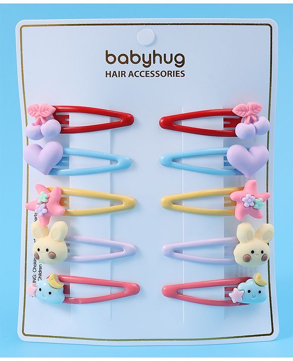 Babyhug Snap Clips with Appliques Free Size Pack of 10 -Multicolor