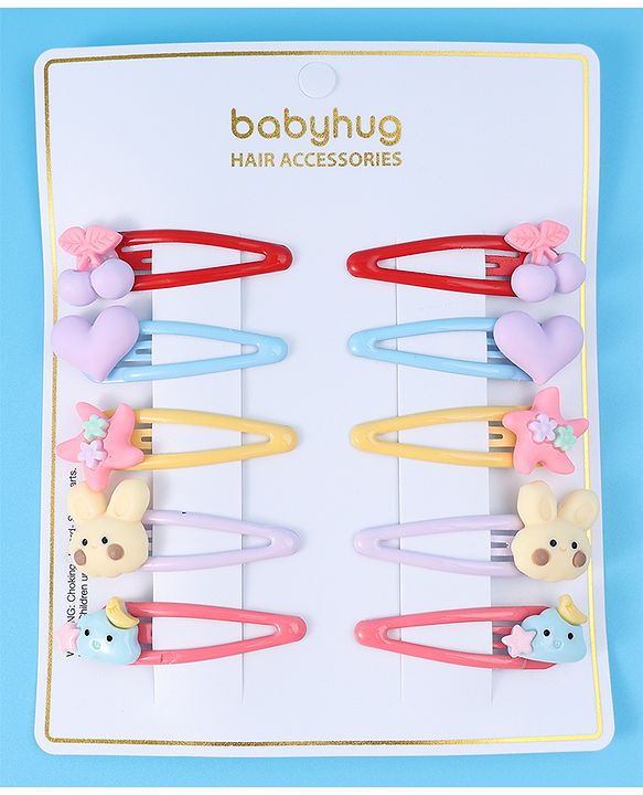 Babyhug Snap Clips with Appliques Free Size Pack of 10 -Multicolor