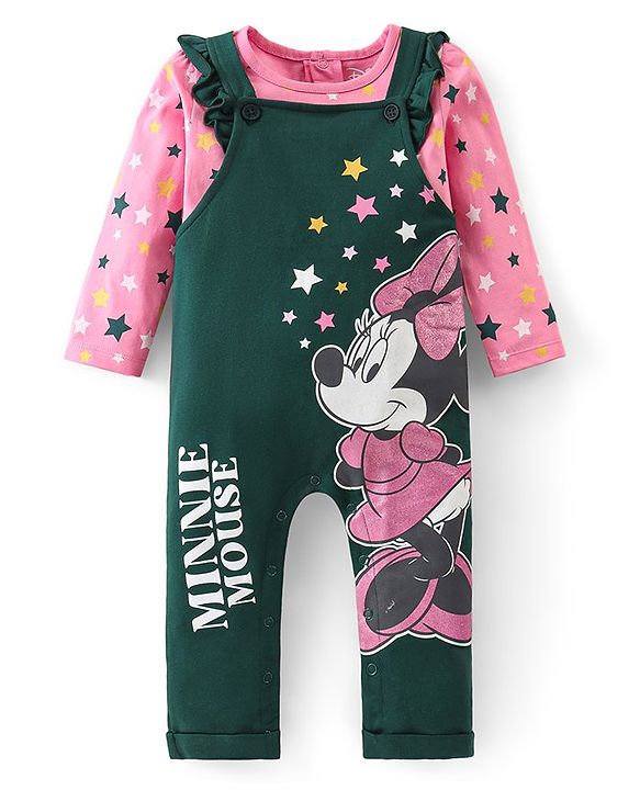 Babyhug Disney  Knit Dungaree with Full Sleeves T-Shirt Star & Minnie Mouse glitter Print - Pink & Green