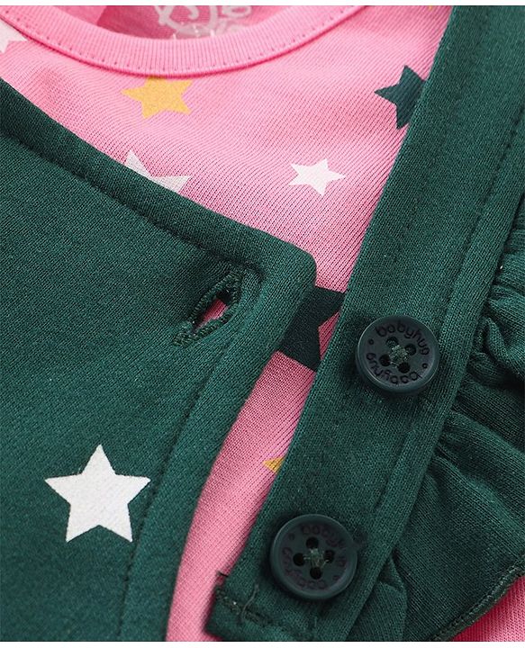 Babyhug Disney  Knit Dungaree with Full Sleeves T-Shirt Star & Minnie Mouse glitter Print - Pink & Green