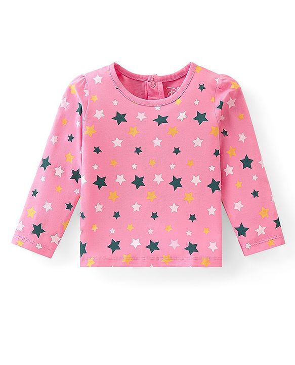 Babyhug Disney  Knit Dungaree with Full Sleeves T-Shirt Star & Minnie Mouse glitter Print - Pink & Green