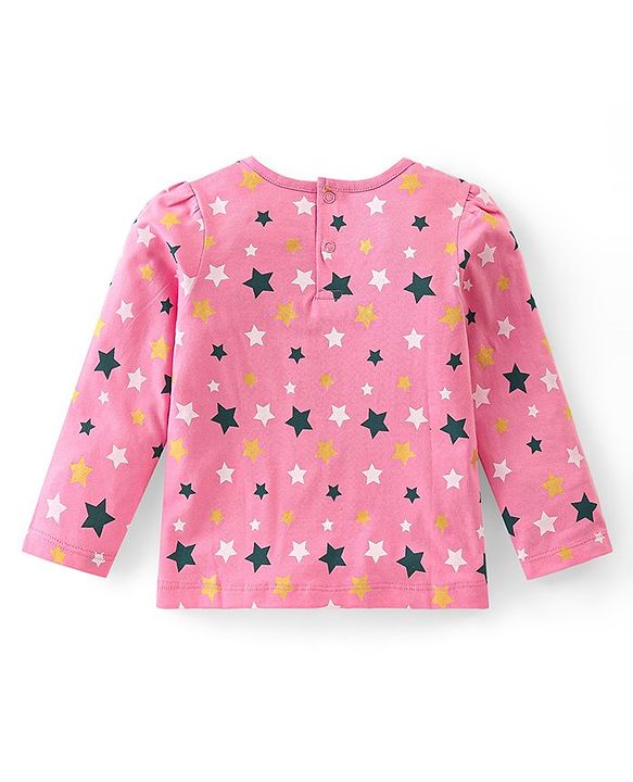 Babyhug Disney  Knit Dungaree with Full Sleeves T-Shirt Star & Minnie Mouse glitter Print - Pink & Green