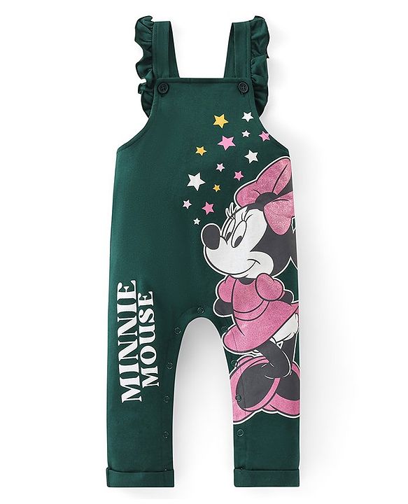 Babyhug Disney  Knit Dungaree with Full Sleeves T-Shirt Star & Minnie Mouse glitter Print - Pink & Green