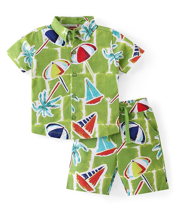 Babyhug Cotton Knit Half Sleeves Shirt & Shorts Co-Ord Set With Beach Theme Print - Green