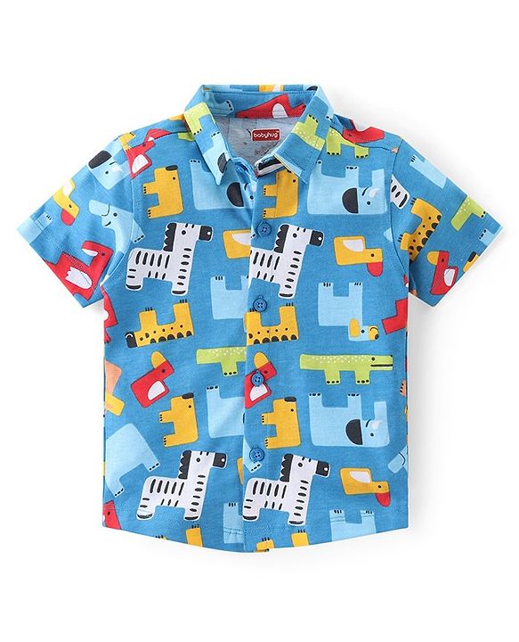 Babyhug Cotton Knit Half Sleeves Shirt & Shorts Set With Animals Print - Blue