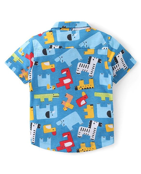 Babyhug Cotton Knit Half Sleeves Shirt & Shorts Set With Animals Print - Blue