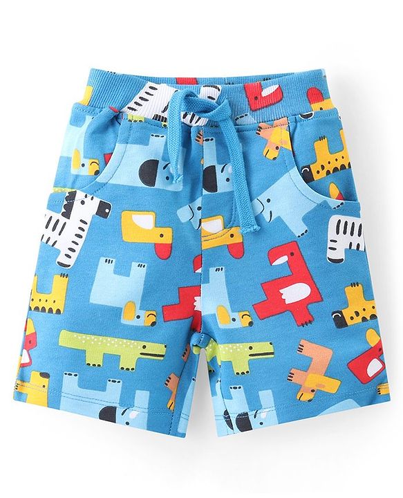Babyhug Cotton Knit Half Sleeves Shirt & Shorts Set With Animals Print - Blue