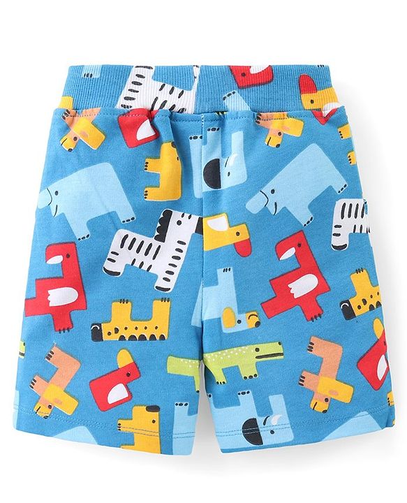Babyhug Cotton Knit Half Sleeves Shirt & Shorts Set With Animals Print - Blue