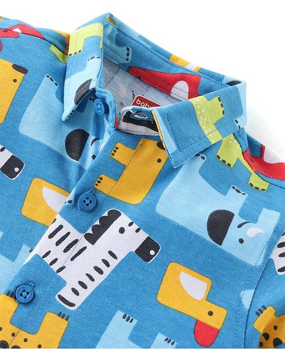 Babyhug Cotton Knit Half Sleeves Shirt & Shorts Set With Animals Print - Blue