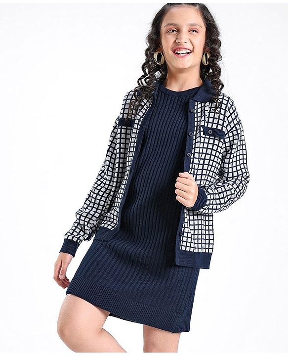 Pine Kids Full Sleeves Pull Over Sweater with Check Print - Navy & White