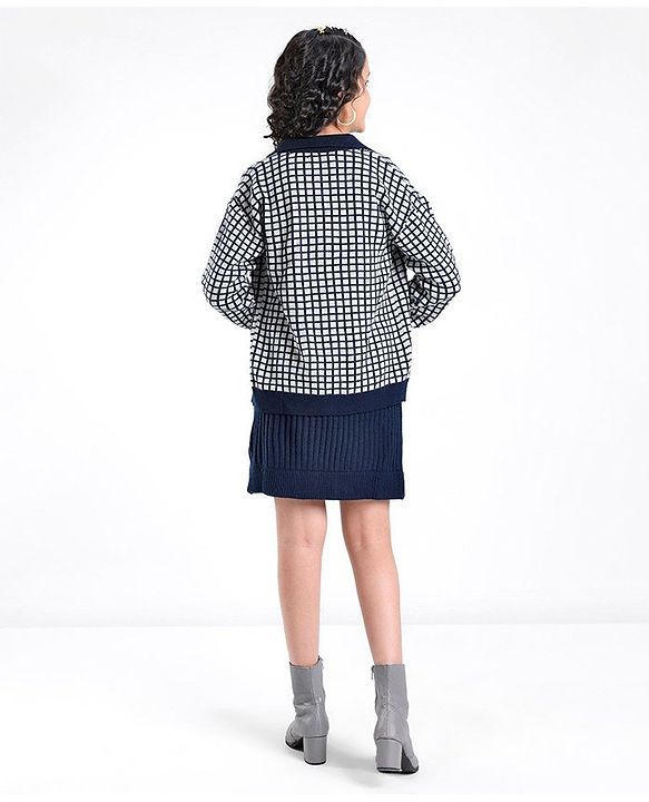 Pine Kids Full Sleeves Pull Over Sweater with Check Print - Navy & White
