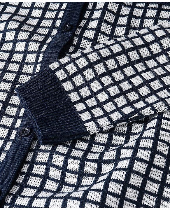 Pine Kids Full Sleeves Pull Over Sweater with Check Print - Navy & White