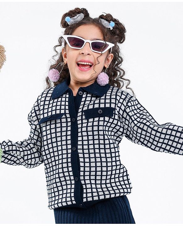 Pine Kids Full Sleeves Pull Over Sweater with Check Print - Navy & White