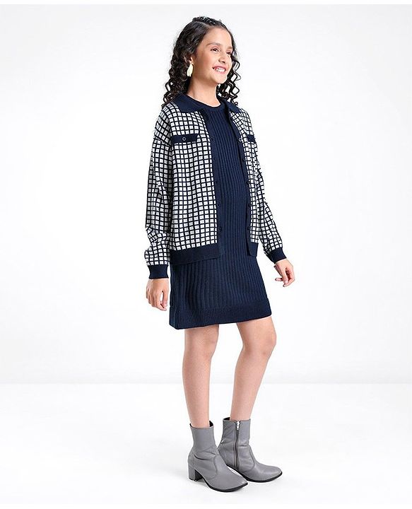 Pine Kids Full Sleeves Pull Over Sweater with Check Print - Navy & White