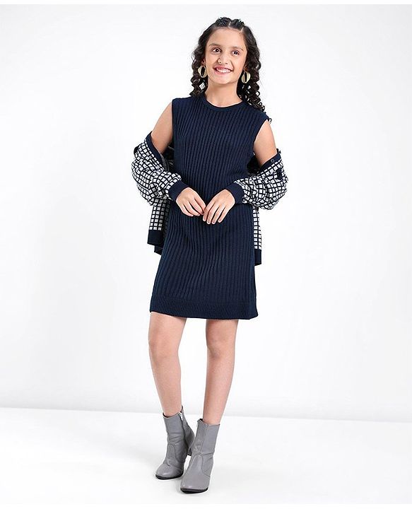 Pine Kids Full Sleeves Pull Over Sweater with Check Print - Navy & White