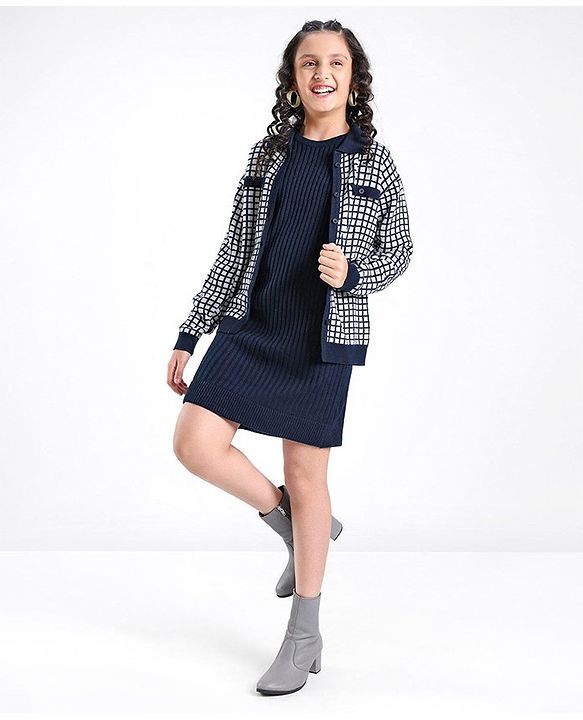 Pine Kids Full Sleeves Pull Over Sweater with Check Print - Navy & White
