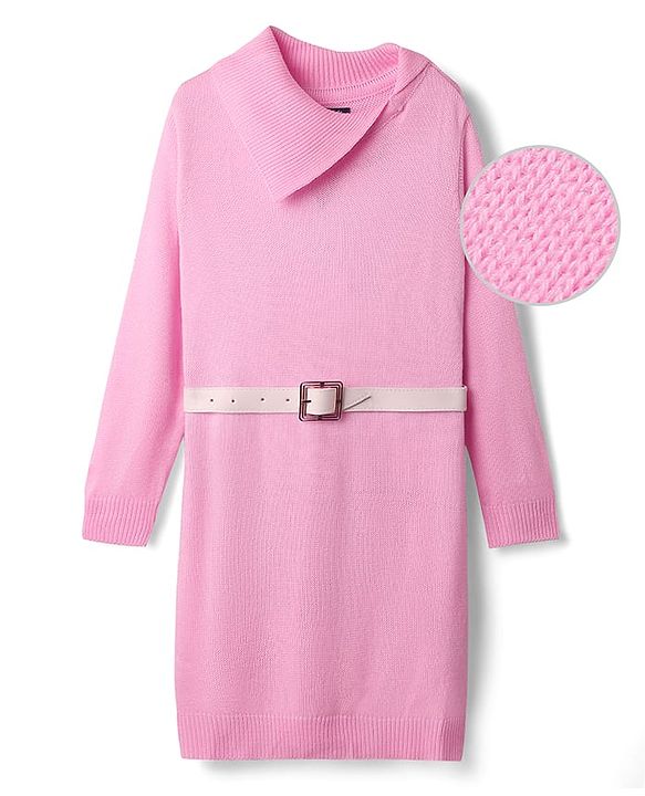 Pine Kids Knitted Full Sleeves Solid Color Woollen Dress with Belt - Light Pink