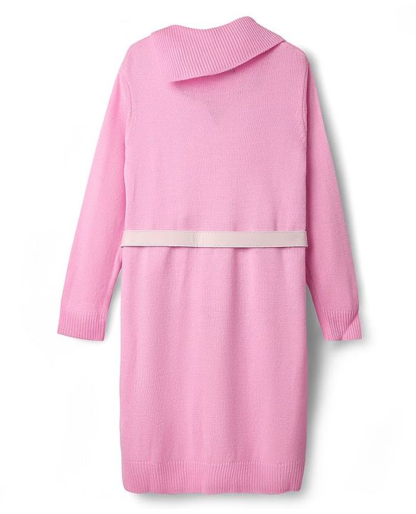 Pine Kids Knitted Full Sleeves Solid Color Woollen Dress with Belt - Light Pink