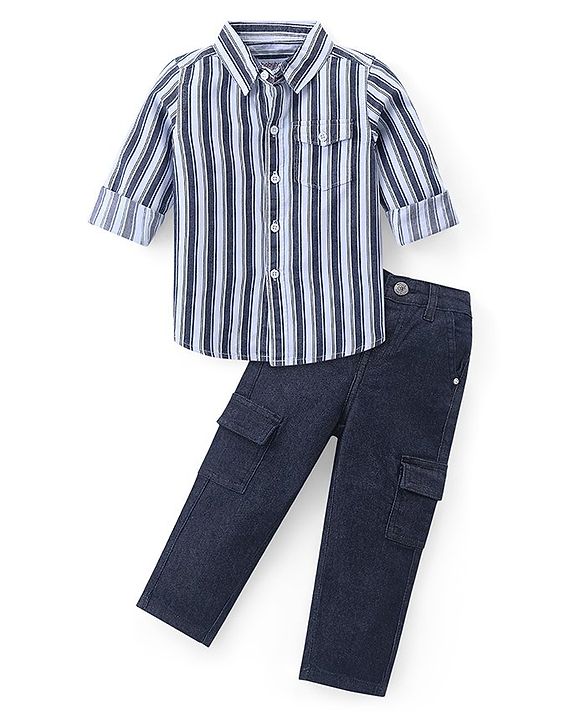 Babyhug Cotton Woven Full Sleeves Striped Regular Collar Shirt & Denim Jeans Set - White & Blue