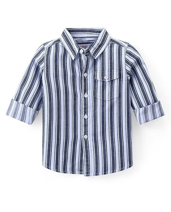 Babyhug Cotton Woven Full Sleeves Striped Regular Collar Shirt & Denim Jeans Set - White & Blue