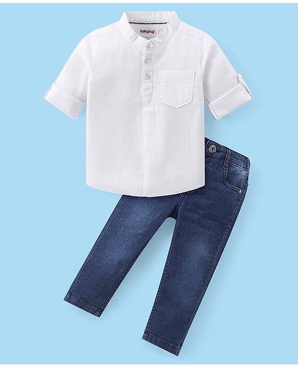 Babyhug Cotton Woven Full Sleeves Mandarin Collar Solid Colour Shirt & Denim Jeans Set - White & Blue