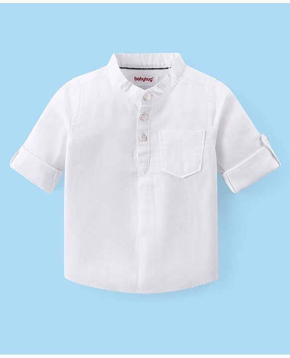 Babyhug Cotton Woven Full Sleeves Mandarin Collar Solid Colour Shirt & Denim Jeans Set - White & Blue