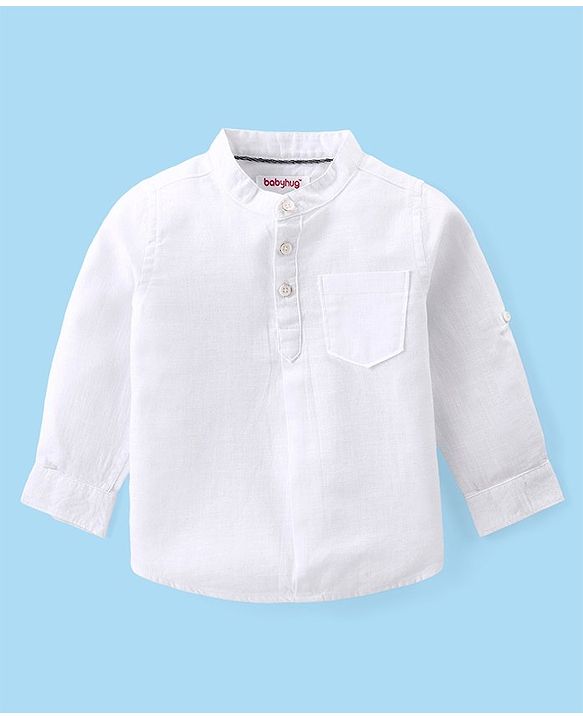 Babyhug Cotton Woven Full Sleeves Mandarin Collar Solid Colour Shirt & Denim Jeans Set - White & Blue