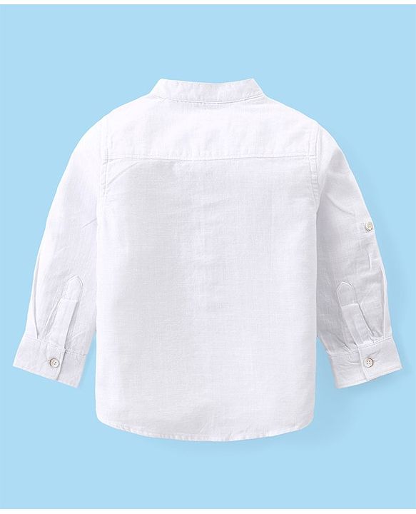 Babyhug Cotton Woven Full Sleeves Mandarin Collar Solid Colour Shirt & Denim Jeans Set - White & Blue