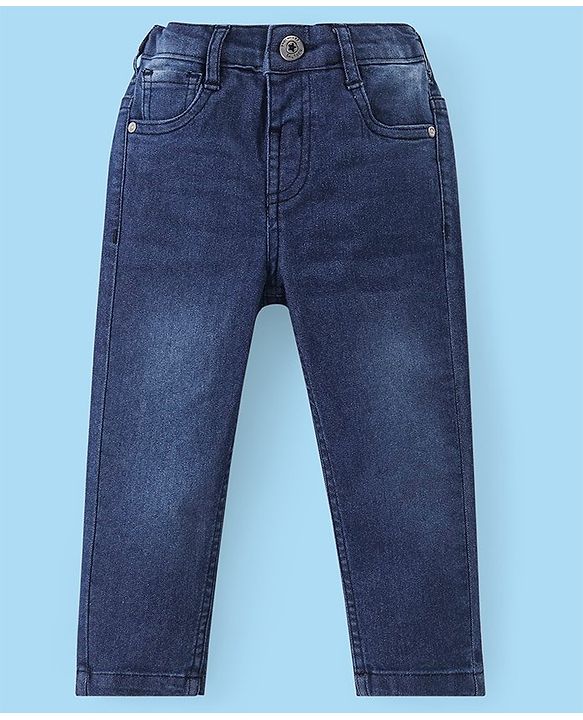 Babyhug Cotton Woven Full Sleeves Mandarin Collar Solid Colour Shirt & Denim Jeans Set - White & Blue
