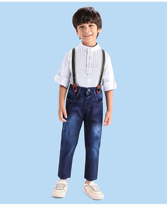 Babyhug Cotton Woven Full Sleeves Mandarin Collar Shirt & Denim Jeans Set With Suspender - White & Blue