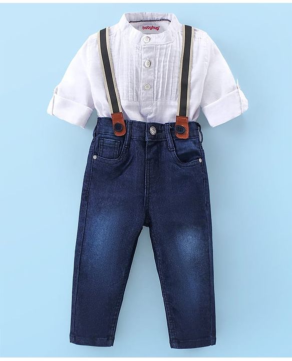 Babyhug Cotton Woven Full Sleeves Mandarin Collar Shirt & Denim Jeans Set With Suspender - White & Blue