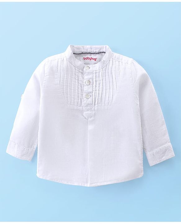 Babyhug Cotton Woven Full Sleeves Mandarin Collar Shirt & Denim Jeans Set With Suspender - White & Blue