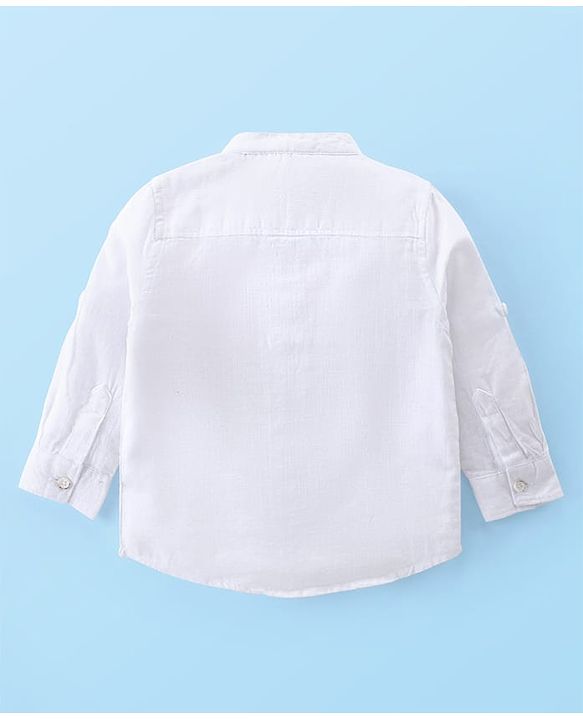 Babyhug Cotton Woven Full Sleeves Mandarin Collar Shirt & Denim Jeans Set With Suspender - White & Blue