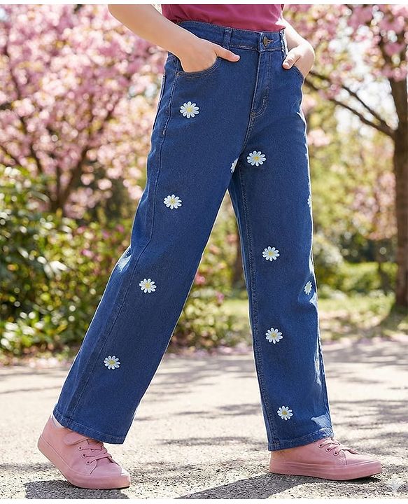 Pine Kids Denim Woven Full Length Jeans with Floral Print - Blue