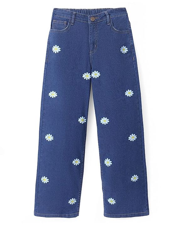 Pine Kids Denim Woven Full Length Jeans with Floral Print - Blue