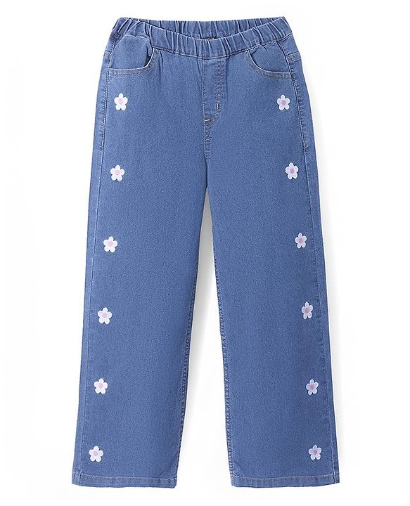 Pine Kids Denim Woven Full Length Jeans with Floral Embroidery - Blue