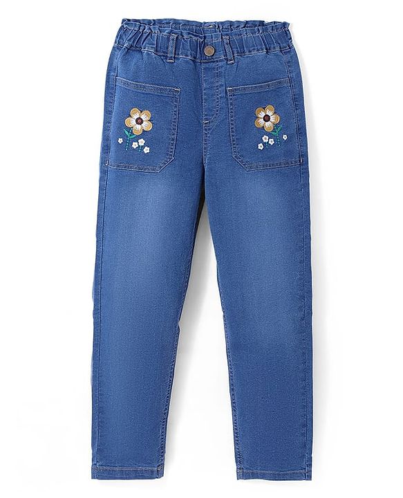 Pine Kids Ankle Length Denim Washed Jeans with Floral Applique - Blue