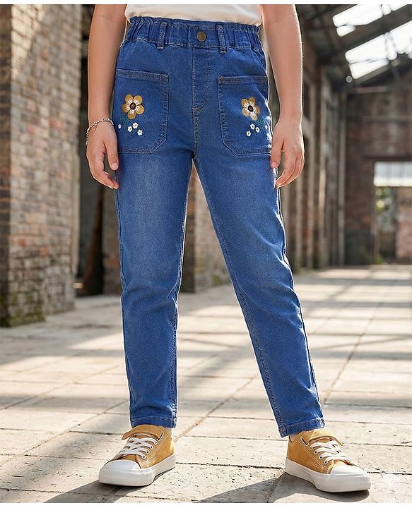 Pine Kids Ankle Length Denim Washed Jeans with Floral Applique - Blue