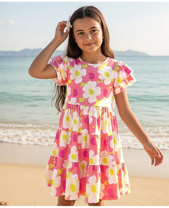 Pine Kids Cotton Knit Half Sleeves Frock with Floral Print - Pink
