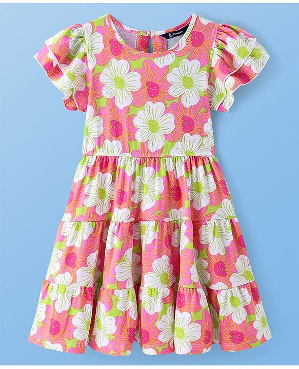 Pine Kids Cotton Knit Half Sleeves Frock with Floral Print - Pink